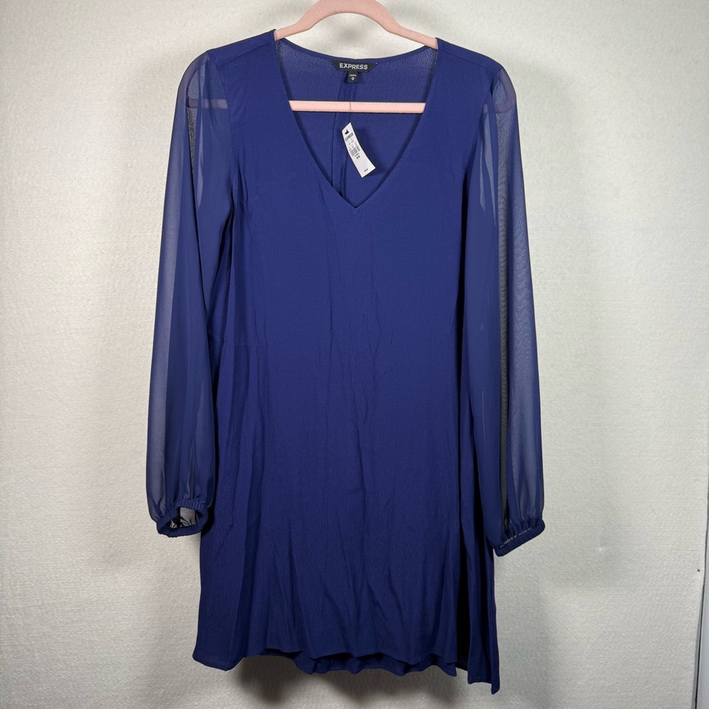 Express NWT Blue V-Neck A-Line Dress Knee‎ Length Long Sleeve Sheer Size M